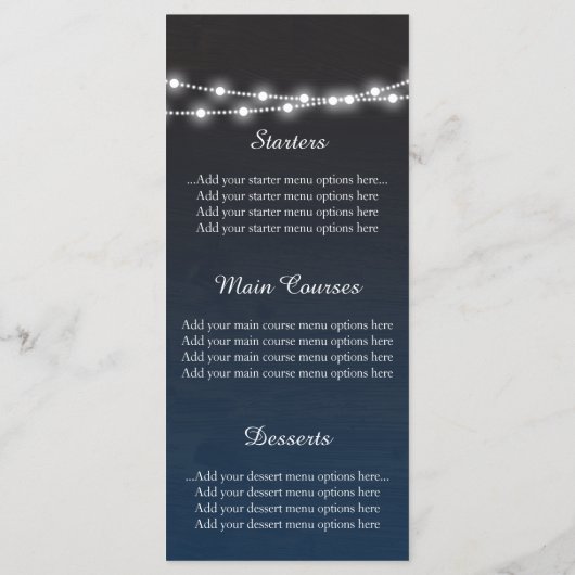 Marineblauw Ombre Nachtlampjes Bruiloft Menu (Achterkant)