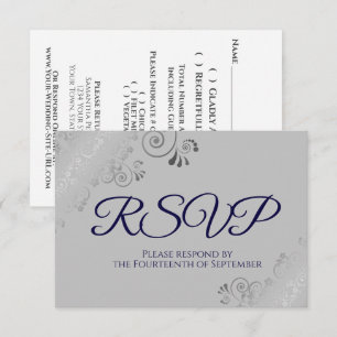 Marineblauw op Grijs Elegant Zilveren Krullen Brui RSVP Kaartje