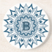 marineblauw op monogram witte mandala zandsteen onderzetter (Voorkant)