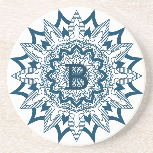 marineblauw op monogram witte mandala zandsteen onderzetter (Voorkant)