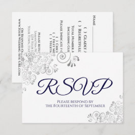 Marineblauw op wit Elegant Zilveren Kant Bruiloft RSVP Kaartje