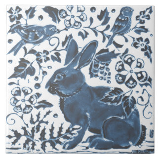 Marineblauw op wit konijn Vogelblad Aziatisch Art Tegeltje