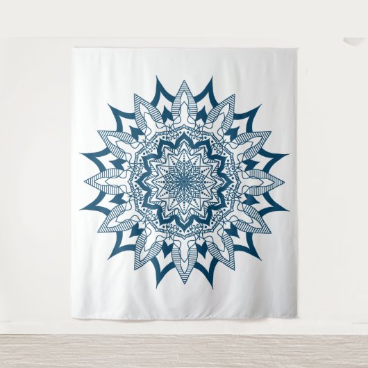 Marineblauw op witte mandala wandkleed (Voorkant)