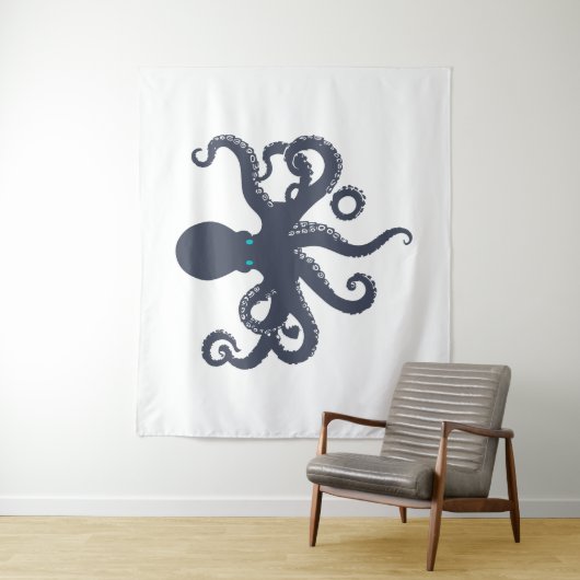 Marineblauw op witte octopus Illustratie Wandkleed (In situ)