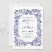 Marineblauw op Witte Wildflower Vogel Tekening Bru Kaart (Voorkant)