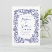 Marineblauw op Witte Wildflower Vogel Tekening Bru Kaart (Staand voorkant)