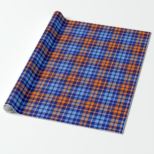Marineblauw Oranje Cyaan Geruit Tartan Design Cadeaupapier