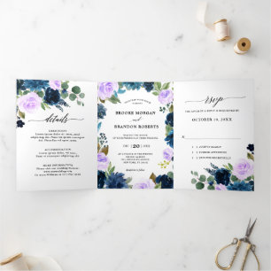 Marineblauw Paarse lavendel Boho botanische bruilo Drieluik Aankondiging