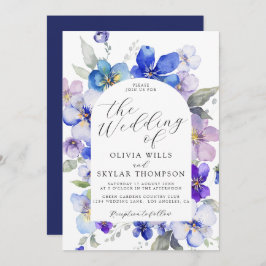 Marineblauw Paarse Mauve Roze Bloem Bruiloft Kaart