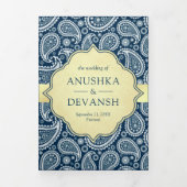 Marineblauw Paisley Indian Peacock QR Code Bruilof Drieluik Uitnodiging (Cover)