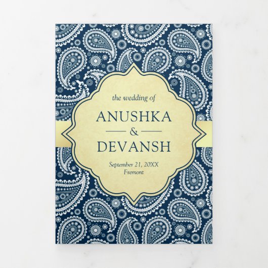 Marineblauw Paisley Indian Peacock QR Code Bruilof Drieluik Uitnodiging (Cover)