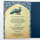 Marineblauw Paisley Indian Peacock QR Code Bruilof Drieluik Uitnodiging (Binnenzijde eerst)