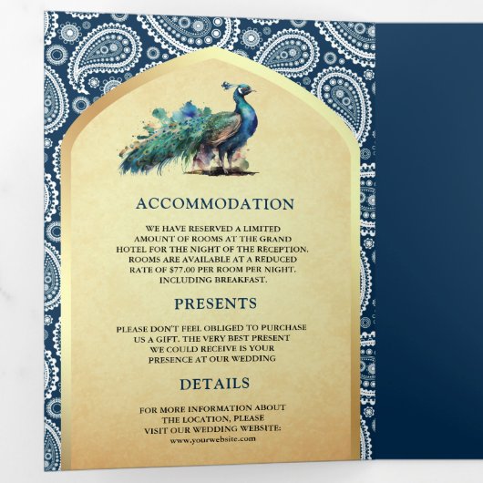 Marineblauw Paisley Indian Peacock QR Code Bruilof Drieluik Uitnodiging (Binnenzijde eerst)