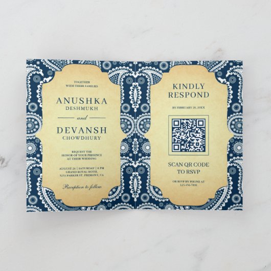  marineblauw paisley indianenqr code bruiloft (Binnen)