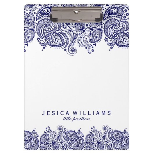 Marineblauw paisley kant witte achtergrond klembord (Voorkant)