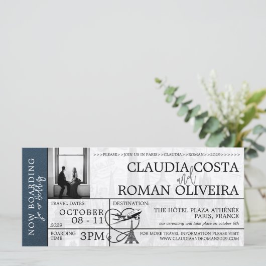 Marineblauw Parijs Bruiloft Boarding Pass Uitnodig (Staand voorkant)