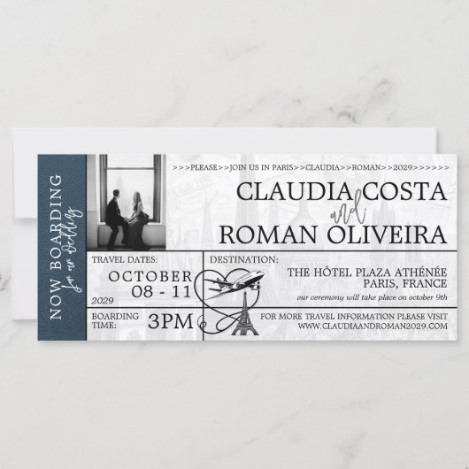 Marineblauw Parijs Bruiloft Boarding Pass Uitnodig (Voorkant)