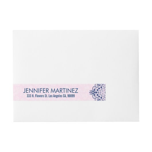 Marineblauw & pastel roze bloemenkant ontwerp adreslabel wikkel (Voorkant)