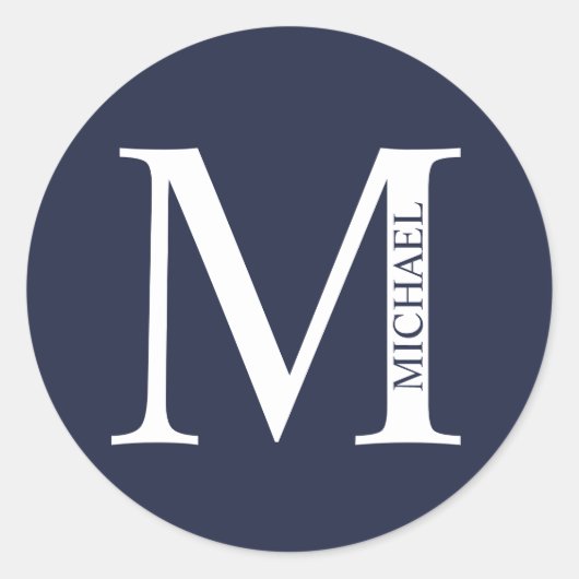 Marineblauw Persoonlijk Monogram en Naam Ronde Sticker (Voorkant)