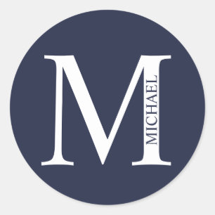 Marineblauw Persoonlijk Monogram en Naam Ronde Sticker