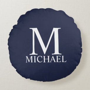 Marineblauw Persoonlijke Monogram en Naam Rond Kussen