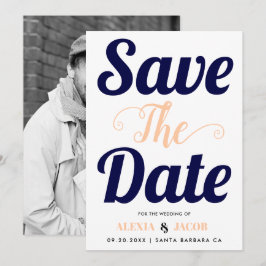 Marineblauw, perzik typografie en foto op de achte save the date