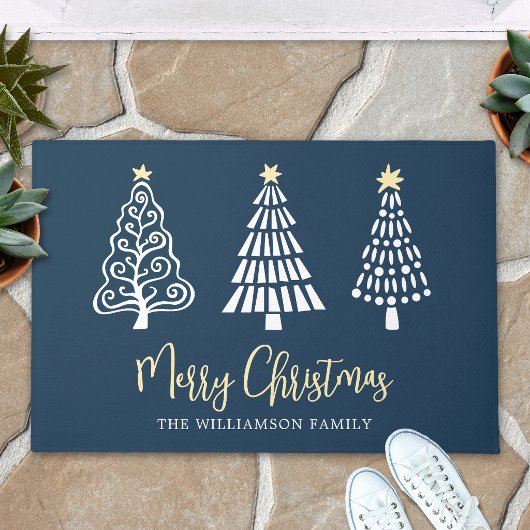 Marineblauw Prettig Kerstmis Script Bomen Vet Aang Deurmat