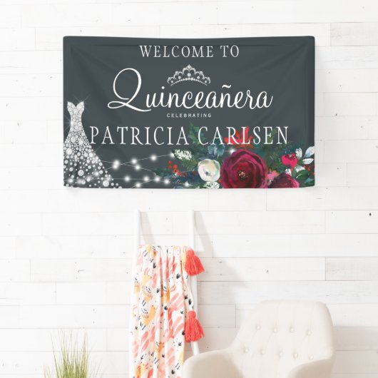 Marineblauw prinsesjurk floral quinceanera spandoek (Insitu)