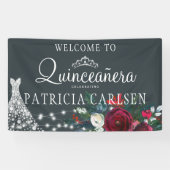 Marineblauw prinsesjurk floral quinceanera spandoek (Horizontaal)