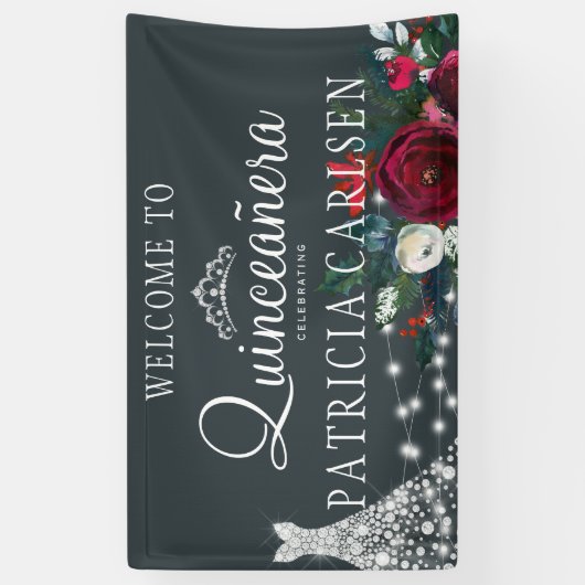Marineblauw prinsesjurk floral quinceanera spandoek (Verticaal)