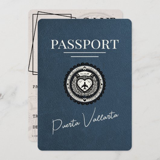 Marineblauw Puerta Vallarta paspoort Save The Date (Voorkant / Achterkant)