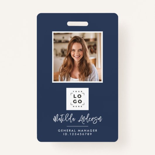 Marineblauw QR code modern minimal foto abstract Badge (Voorkant)