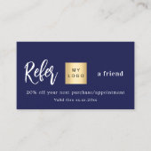 Marineblauw qr-code zakelijke logo verwijzingskaar kortingskaartje (Voorkant)