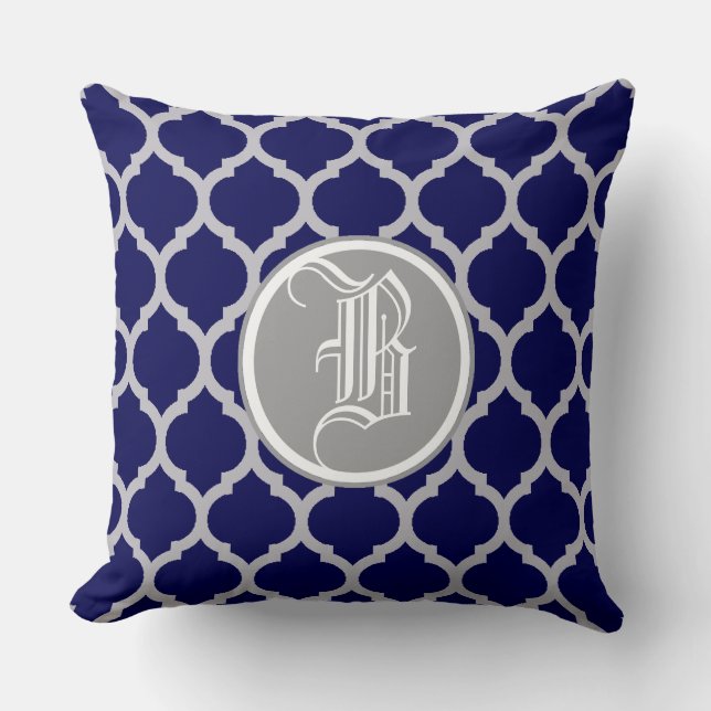 Marineblauw Quatrefoil Patroon Monogram Kussen (Voorkant)