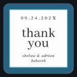 Marineblauw Rand Eenvoudige bruiloft gunst Vierkante Sticker<br><div class="desc">Maak een statement van ingetogen elegantie met deze eenvoudige,  op tekst gebaseerde huwelijksgunst bedankt sticker label met een rand van nautische marineblauw en aqua. Gebruik de aanpassingsoptie om de kleuren en lettertypen aan te passen aan uw huwelijksthema.</div>