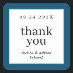 Marineblauw Rand Eenvoudige bruiloft gunst Vierkante Sticker<br><div class="desc">Maak een statement van ingetogen elegantie met deze eenvoudige,  op tekst gebaseerde huwelijksgunst bedankt sticker label met een rand van nautische marineblauw en aqua. Gebruik de aanpassingsoptie om de kleuren en lettertypen aan te passen aan uw huwelijksthema.</div>