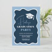 Marineblauw retro golvend lijst foto afstuderen kaart (Staand voorkant)