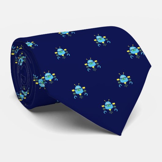 Marineblauw Robot Patroon Stropdas (Opgerold)