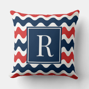 Marineblauw & Rode Preppy Ric Rac Streep Monogram  Kussen