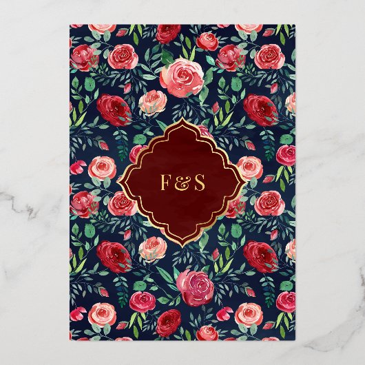Marineblauw Rode Rozen Bloemige Moslim Bruiloft Go Folie Uitnodiging (Achterkant)