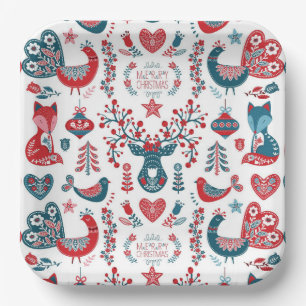 Marineblauw & Rode Scandinavische Folk Art Kerst D Papieren Bordje