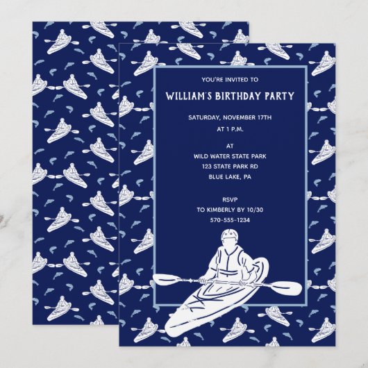 Marineblauw roeipatroon Kanovaart-themaparty Kaart (Voorkant / Achterkant)