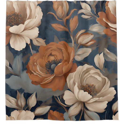 Marineblauw Roest Oranje Moderne Boerderij Bloem Douchegordijn (Voorkant)