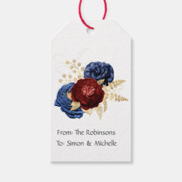 Marineblauw, rood en gouden bloemhuwelijk cadeaulabel