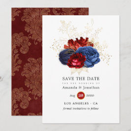 Marineblauw, rood en gouden bloemhuwelijk save the date