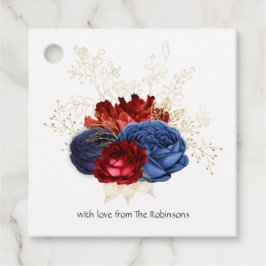 Marineblauw, rood en gouden bloemmotief bedankjes labels