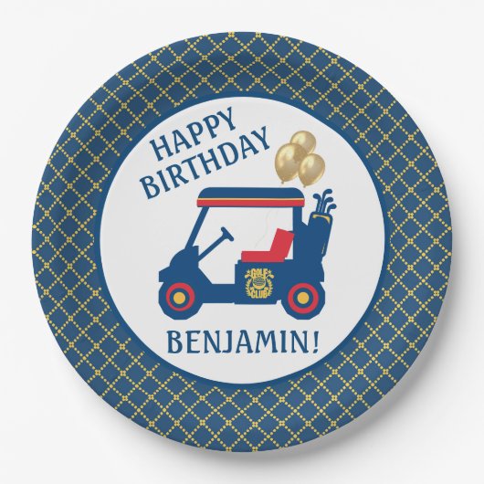 Marineblauw rood geel gepersonaliseerd papieren bordje (Voorkant)