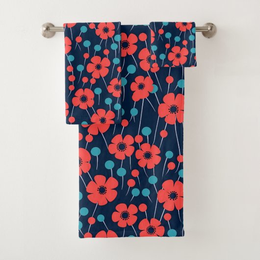 Marineblauw rood papaver bloemenprint patroon bad handdoek (Insitu)