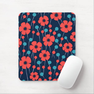 Marineblauw rood papaver bloemenprint patroon muismat