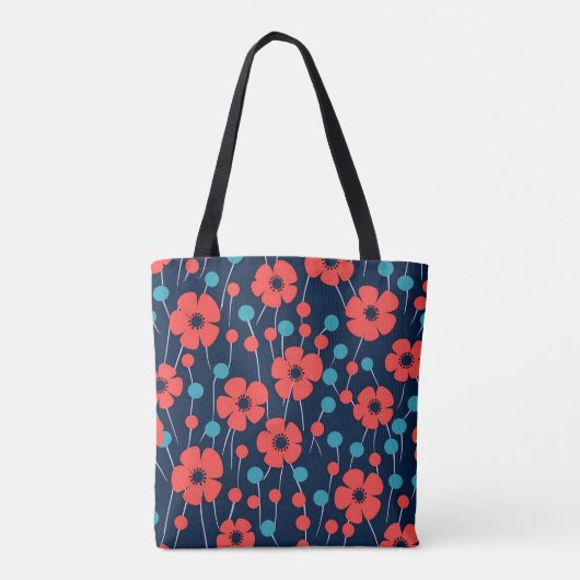 Marineblauw rood papaver bloemenprint patroon tote bag (Achterkant)